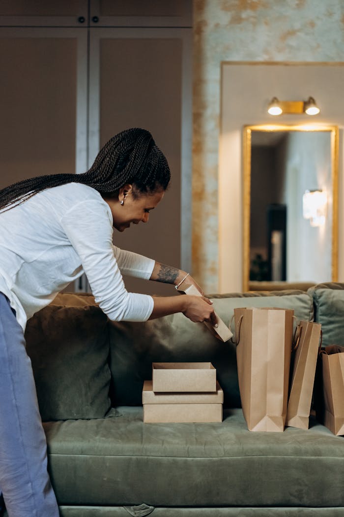 A woman enjoys unpacking her online shopping deliveries at home, showcasing the convenience and excitement of e-commerce.